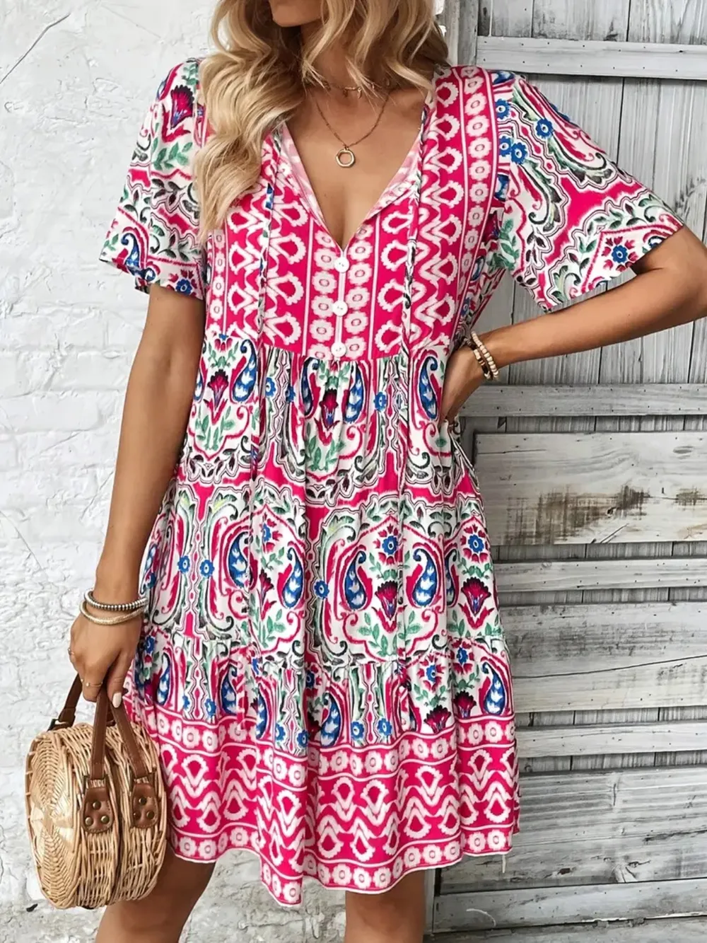 Printed Tie Neck Short Sleeve Dress, image 9