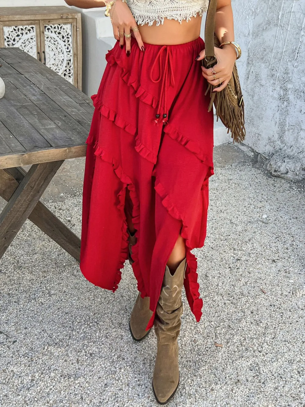 Slit Drawstring Ruffled Skirt, image 17