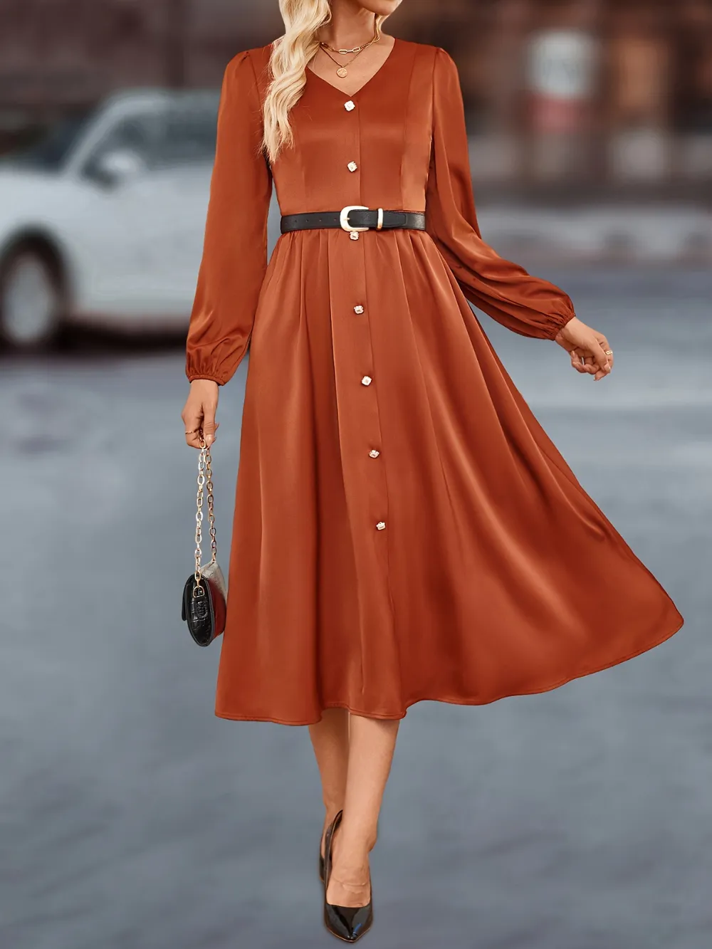 V-Neck Balloon Sleeve Midi Dress, image 5