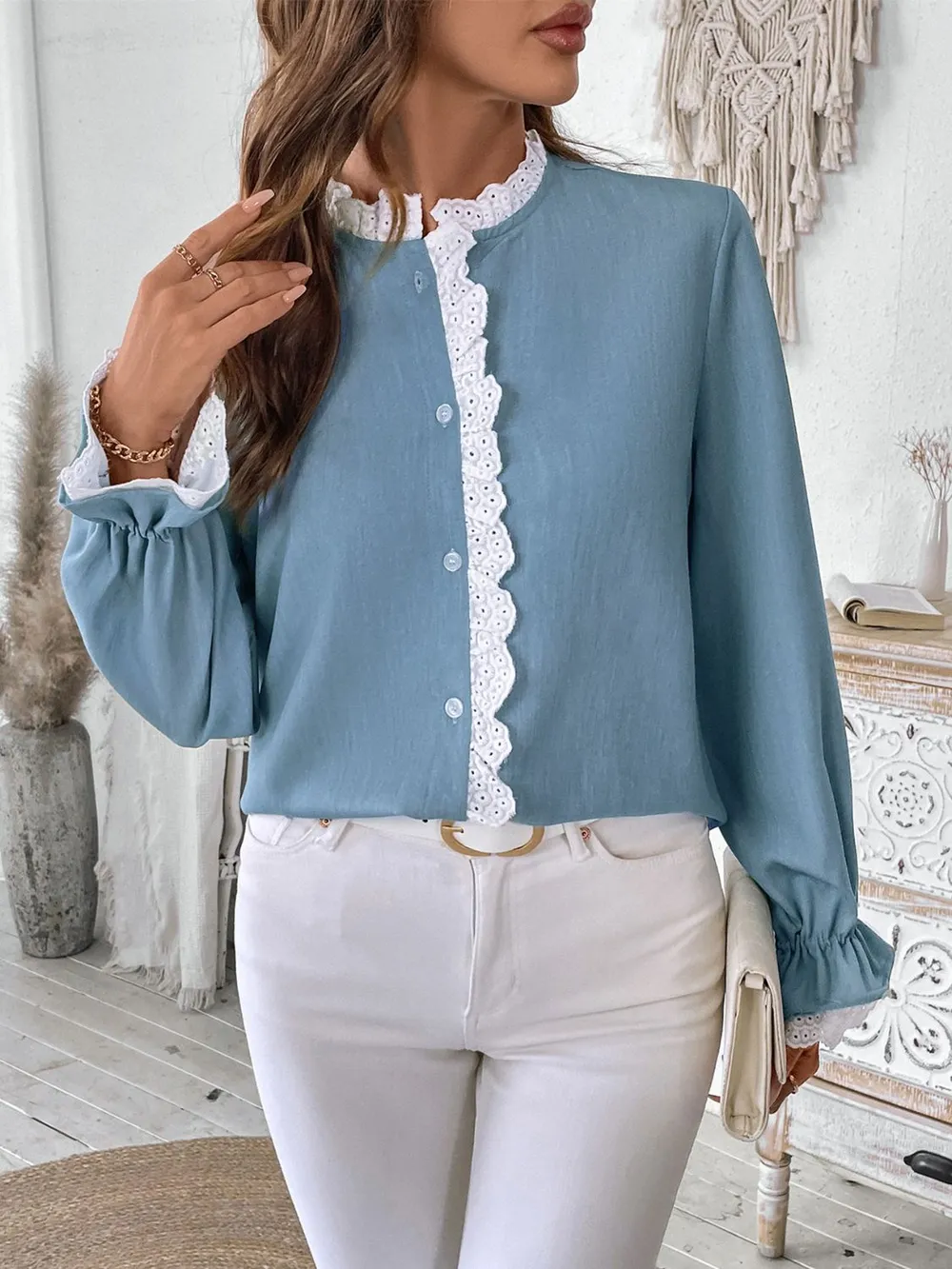 Lace Detail Button Down Long Sleeve Shirt, image 5