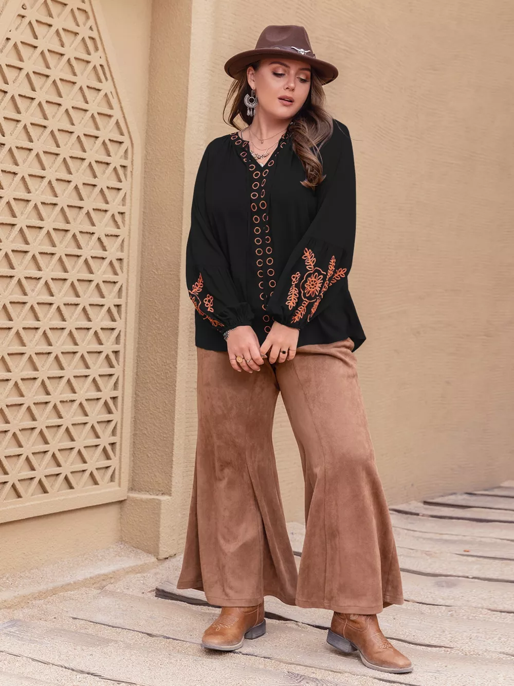 Plus Size Boho Embroidered Long Sleeve Blouse, image 3