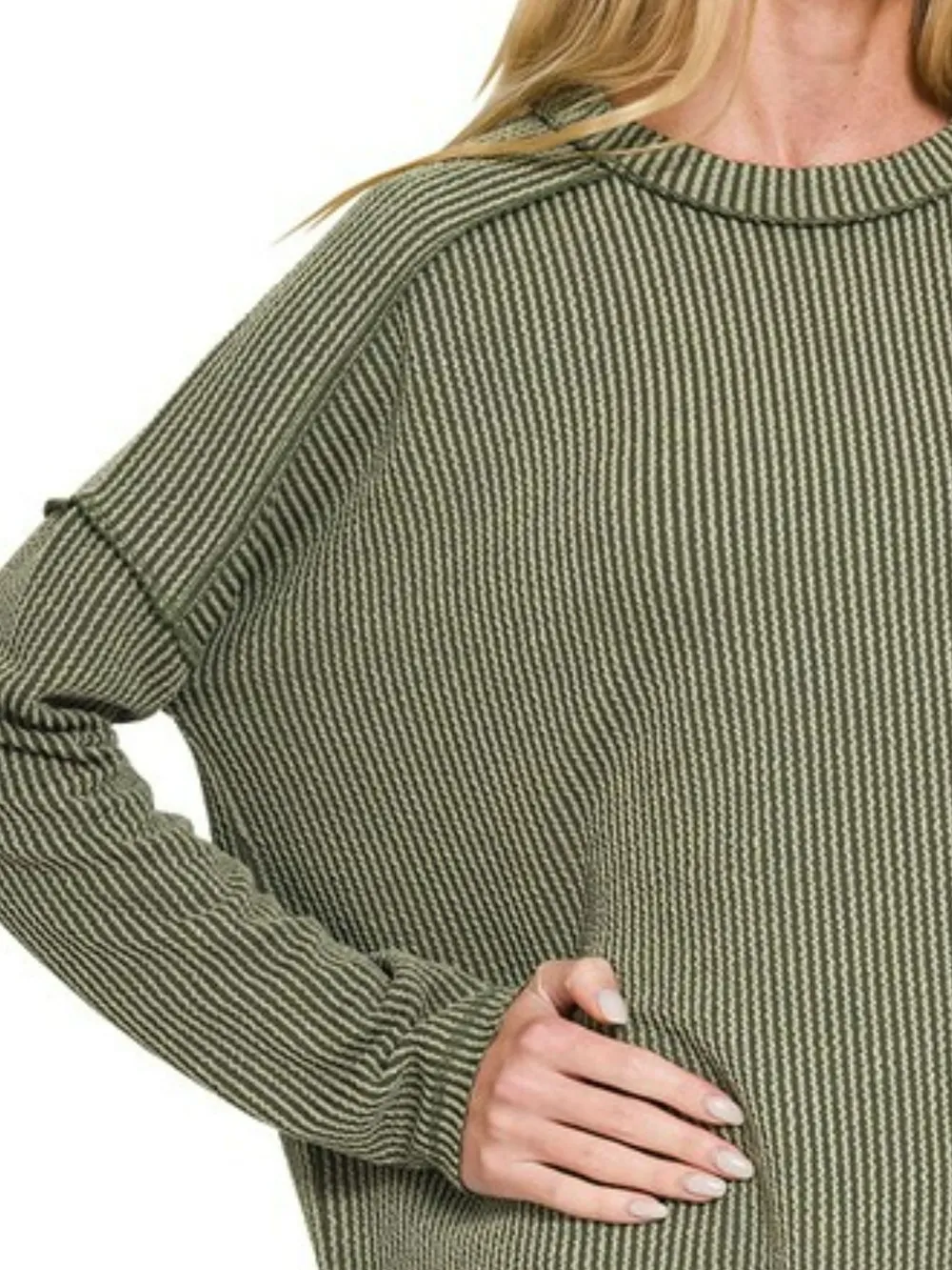 Full Size Exposed Seam Long Sleeve Corded Rib Knit Top Plus Size, image 2