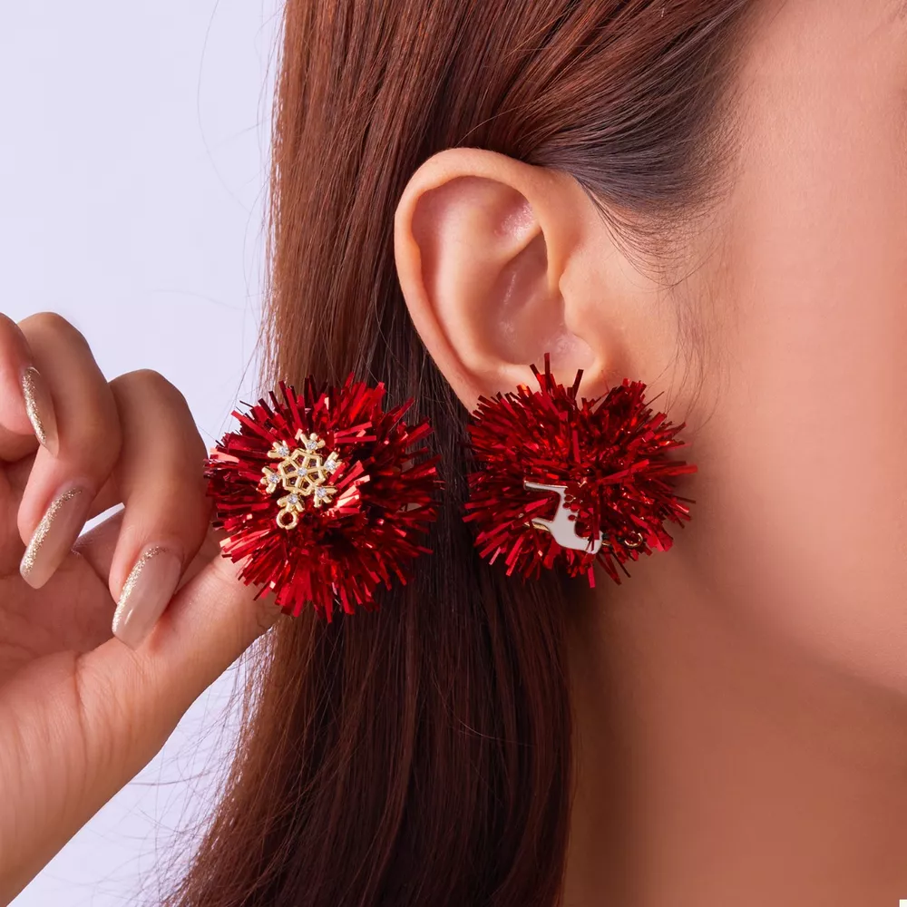 Christmas Asymmetrical Tinsel Ball Earrings, image 4