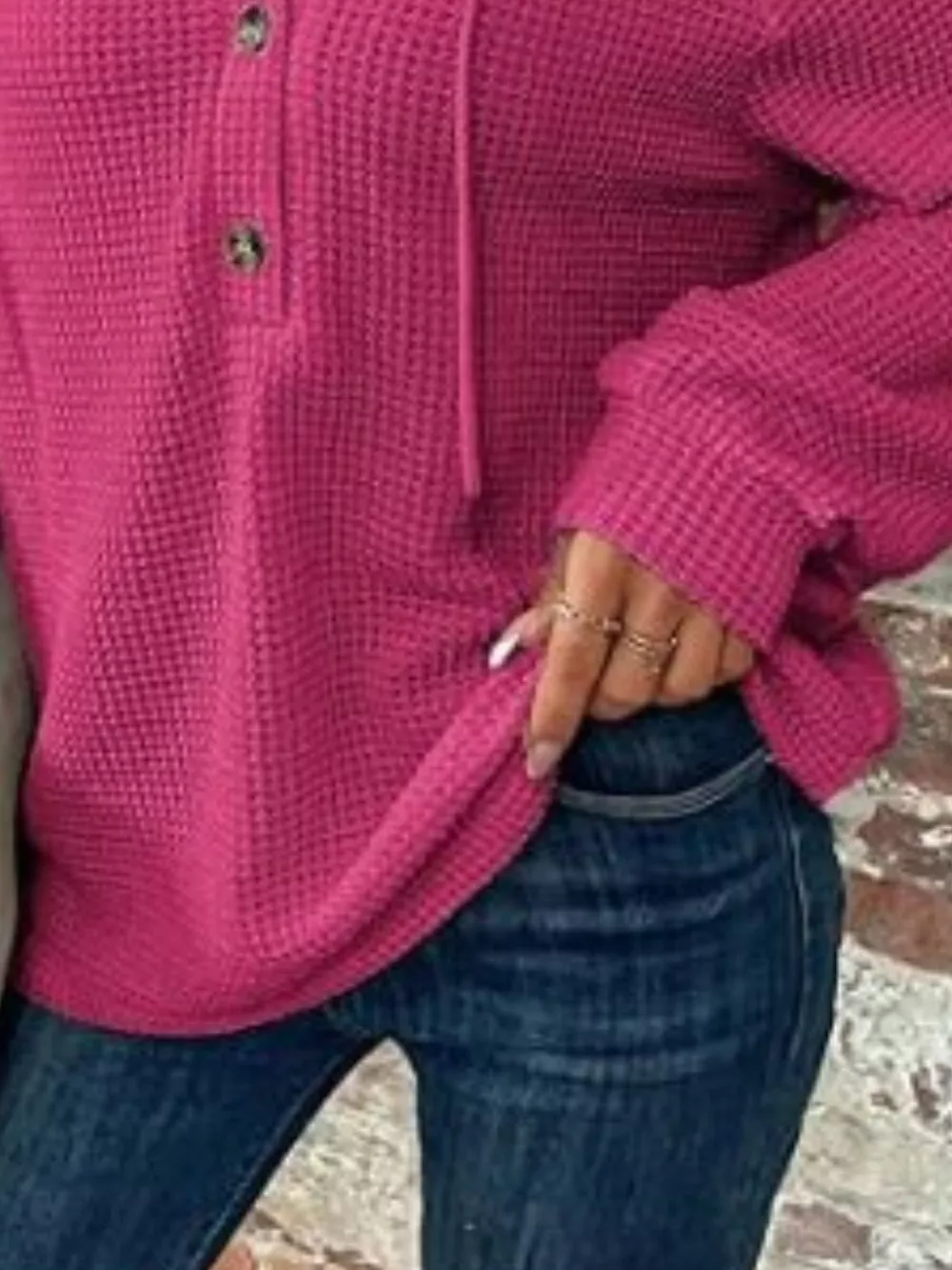 Waffle Knit Button Detail Hoodie, image 7