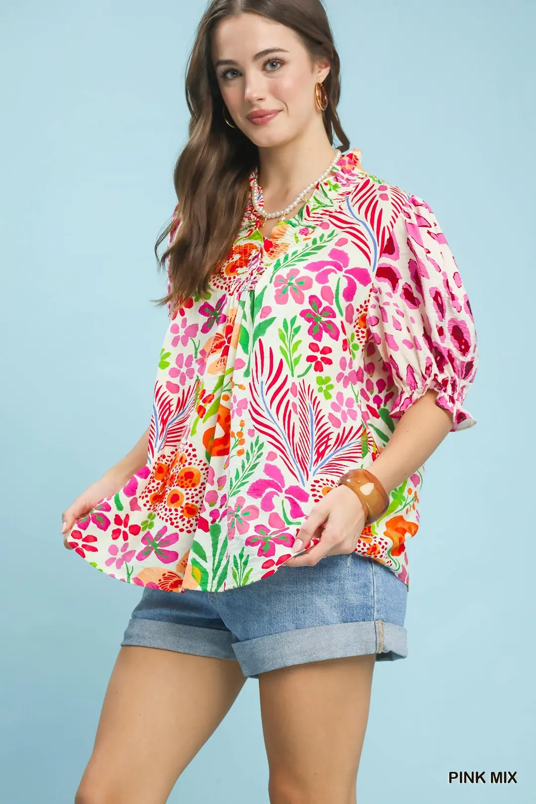 V-Neck Ruffle Trim Puff Sleeve Top, image 2