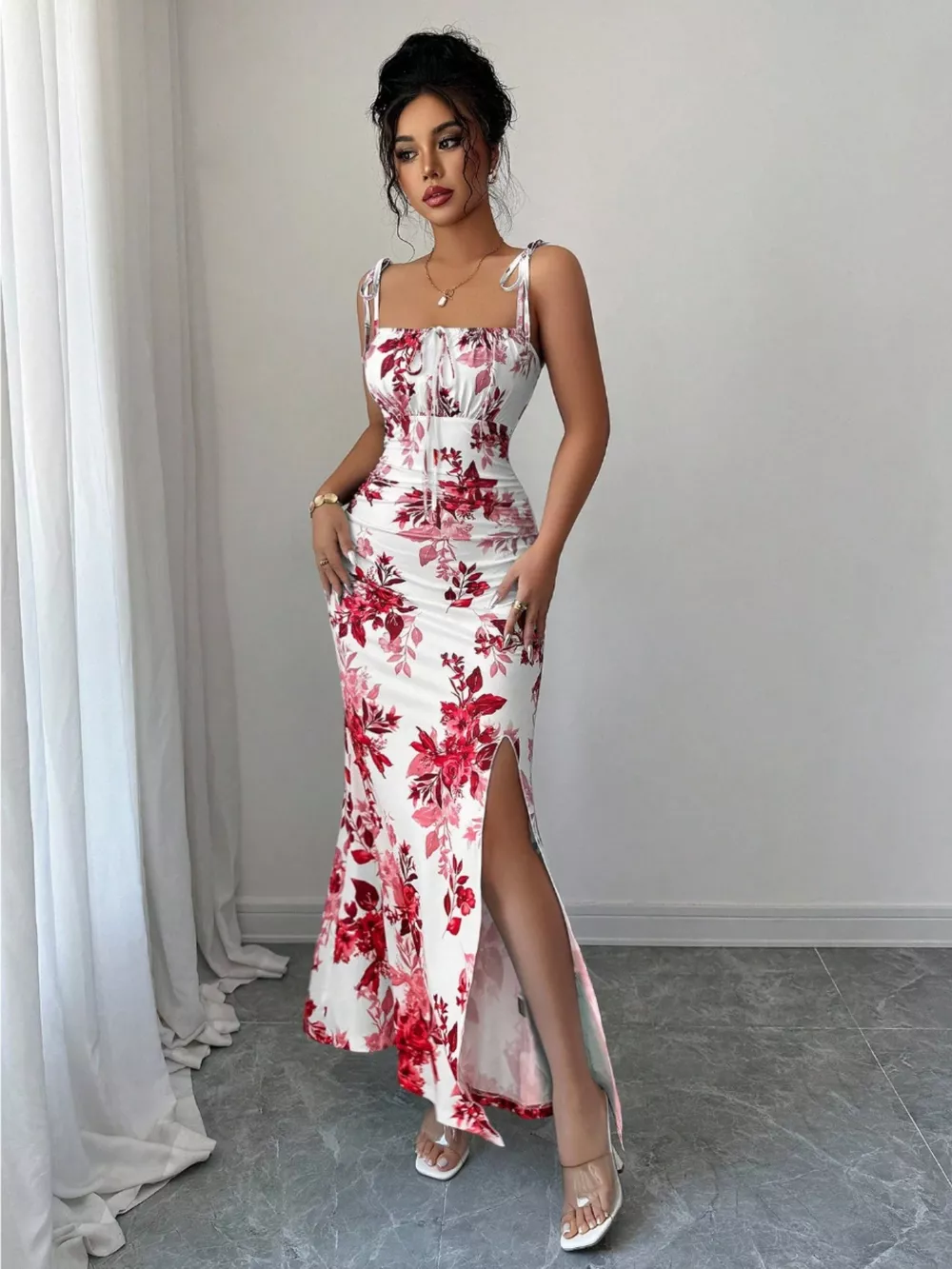Printed Tie Strap Slit Maxi Dress, image 19