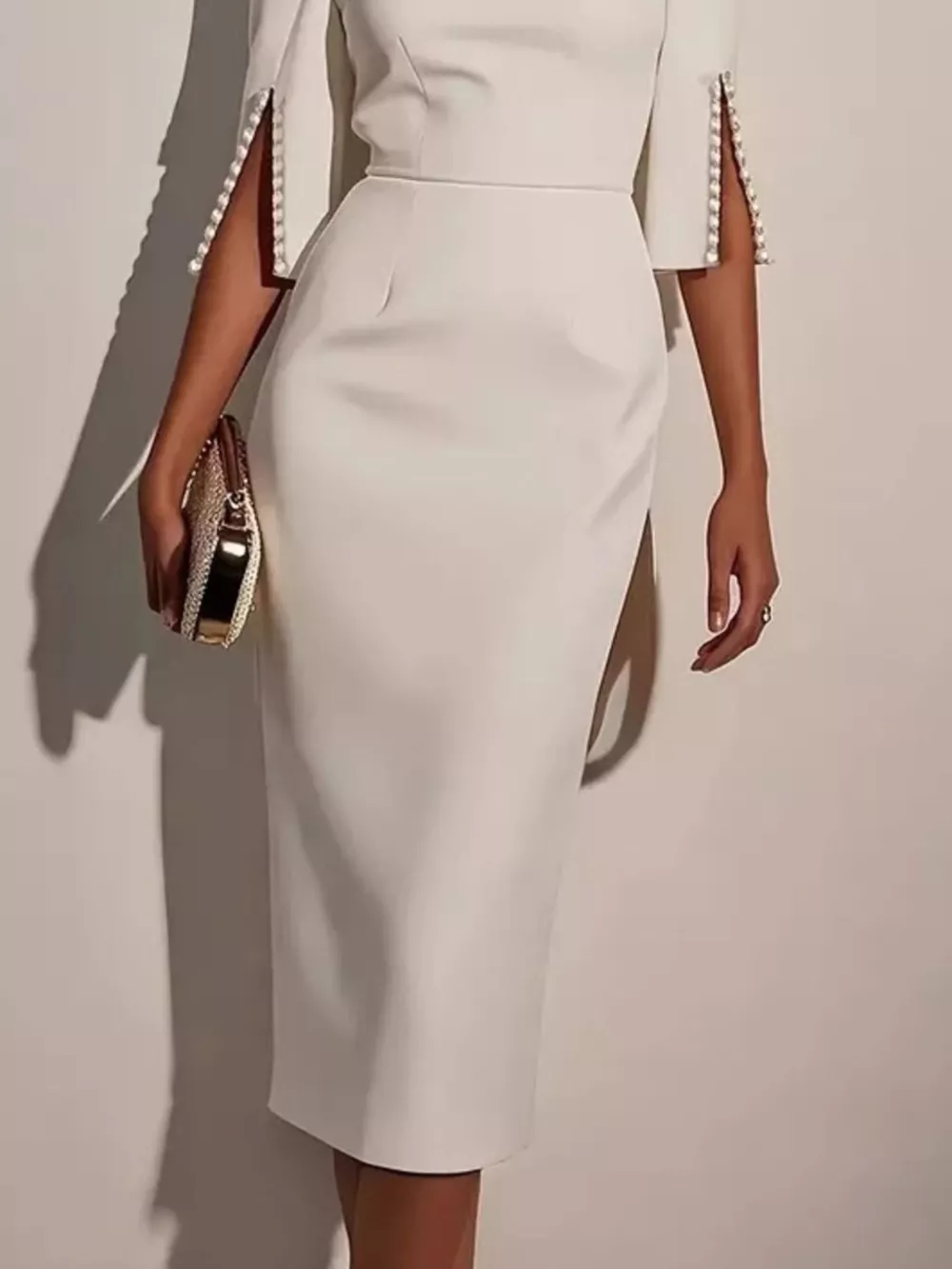 Slim-Fit Elegant Midi Dress with Beaded Slit Sleeve, image 4