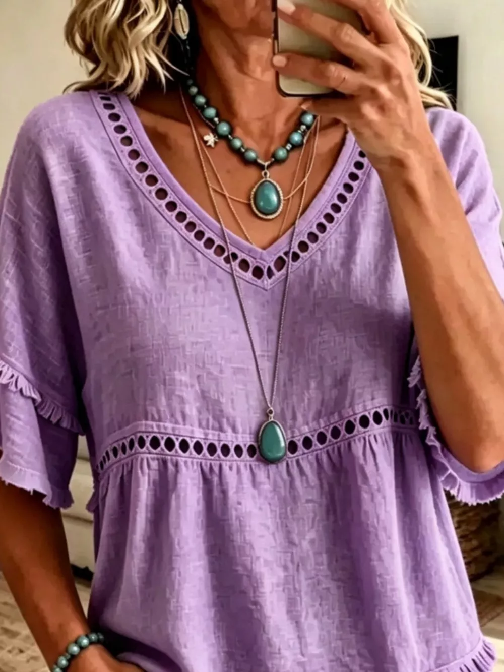 Eyelet V-Neck Frayed Edge T-Shirt, image 14