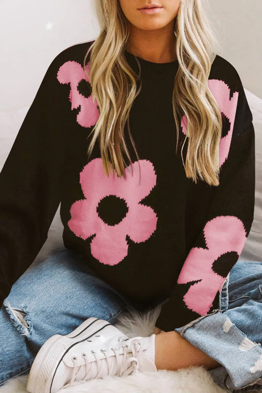Round Neck Floral Pattern Color Contrast Design Long Sleeve Sweater, image 6