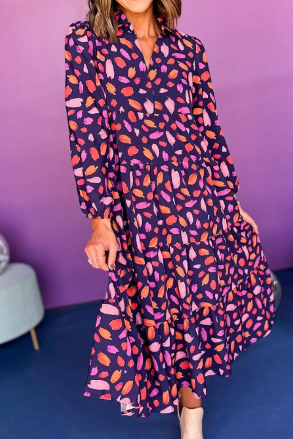 Printed Notched Long Sleeve Dress, image 4
