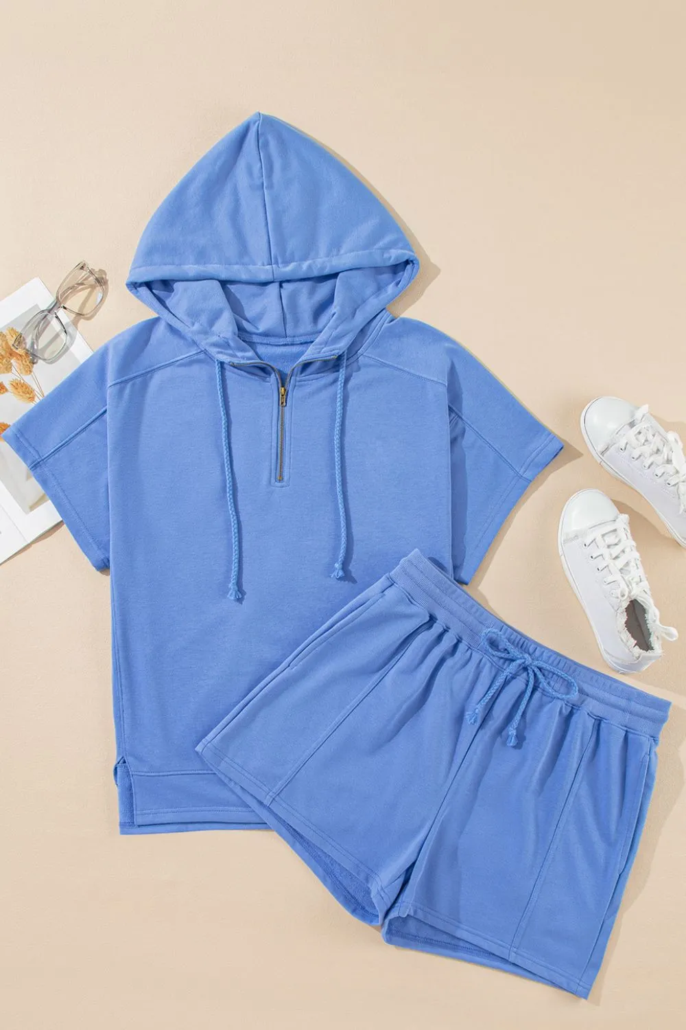 Drawstring Zipped Short Sleeve Hoodie and Shorts Set, image 12