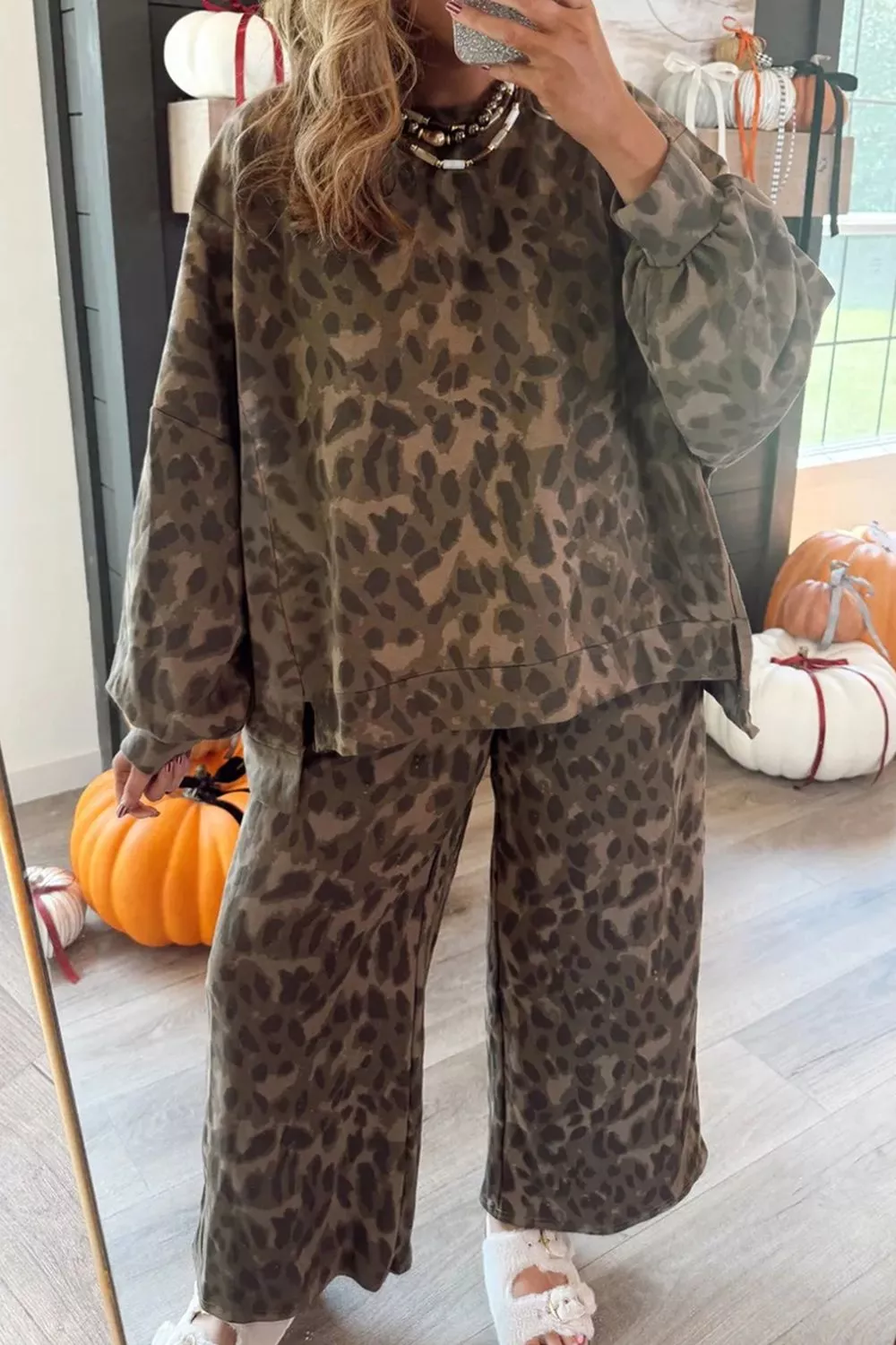 Leopard Print Long Sleeve Top and Pants Set, image 8