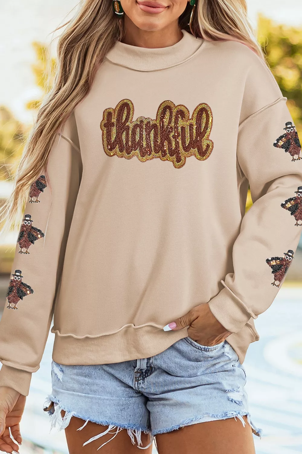 Thankful Sequin Mock Neck Sweatshirt, image 3