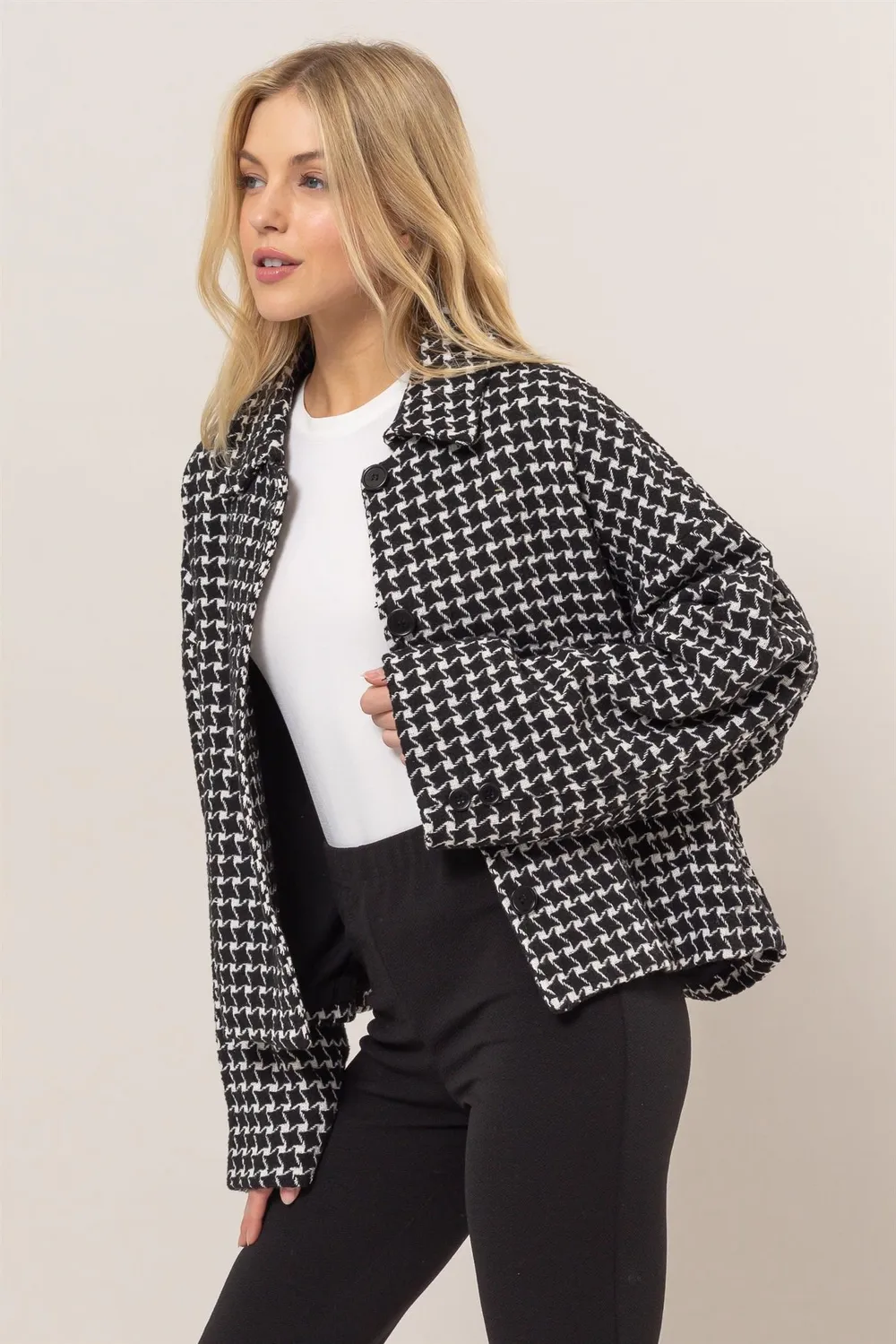 Tweed Plaid Button Up Collared Neck Jacket, image 3