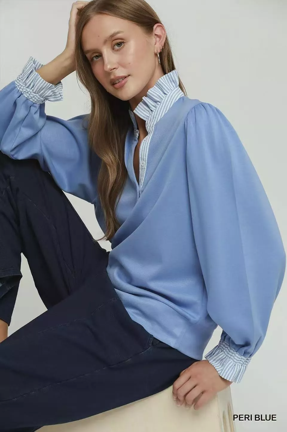 Stripe Ruffle Neck Long Sleeve Top, image 6