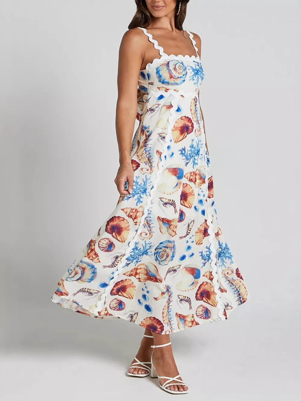Seashell Print Scalloped Midi Dress, image 2