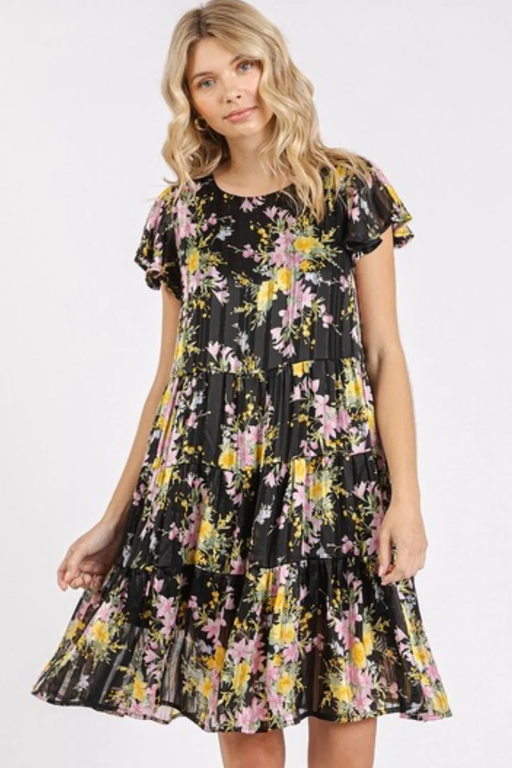 Flower Print Round Neck Flutter Sleeve Tiered Dress