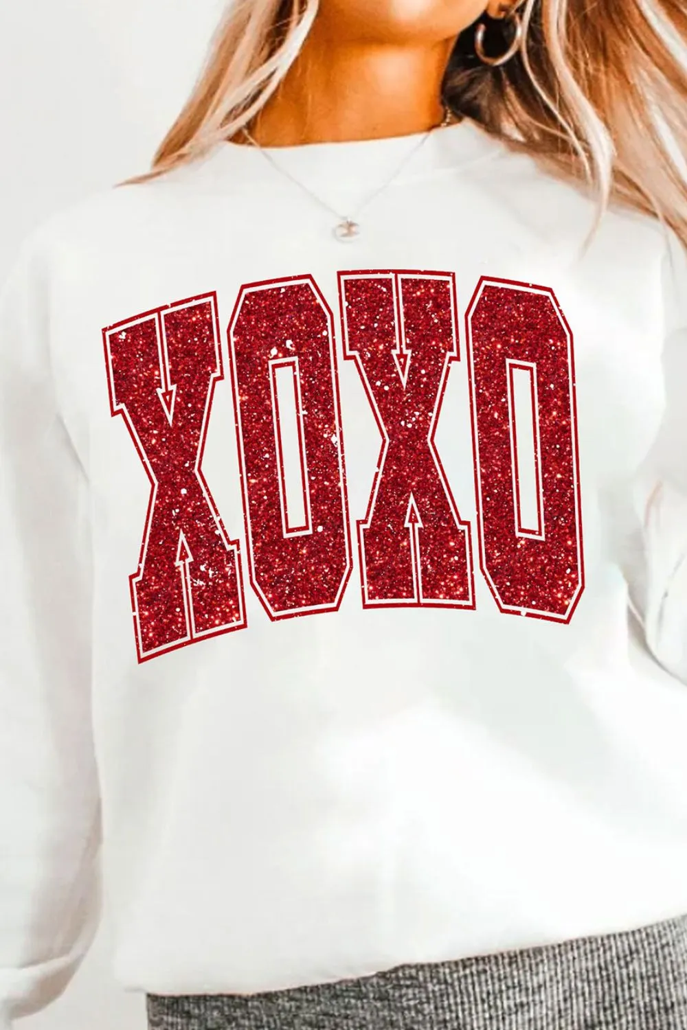 Valentine’s Day XOXO Glitter Round Neck Sweatshirt, image 3