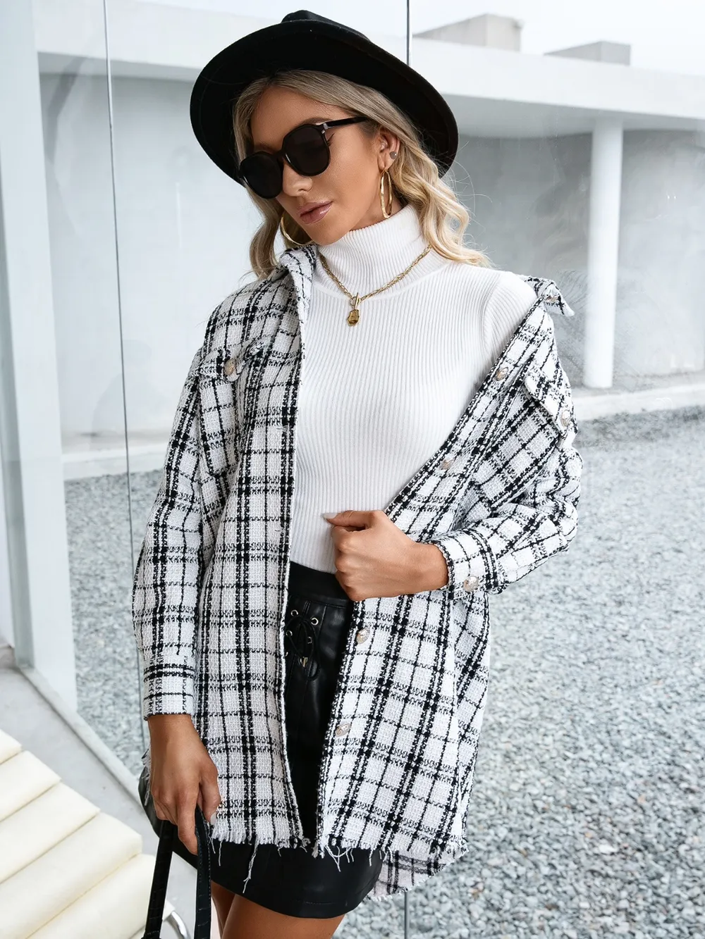 Plaid Pocketed Button Up Dropped Shoulder Jacket, image 4