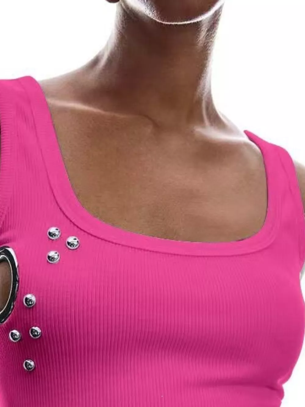Ribbed Tank Top with Metal Grommet Cutouts and Stud Embellishments, image 20