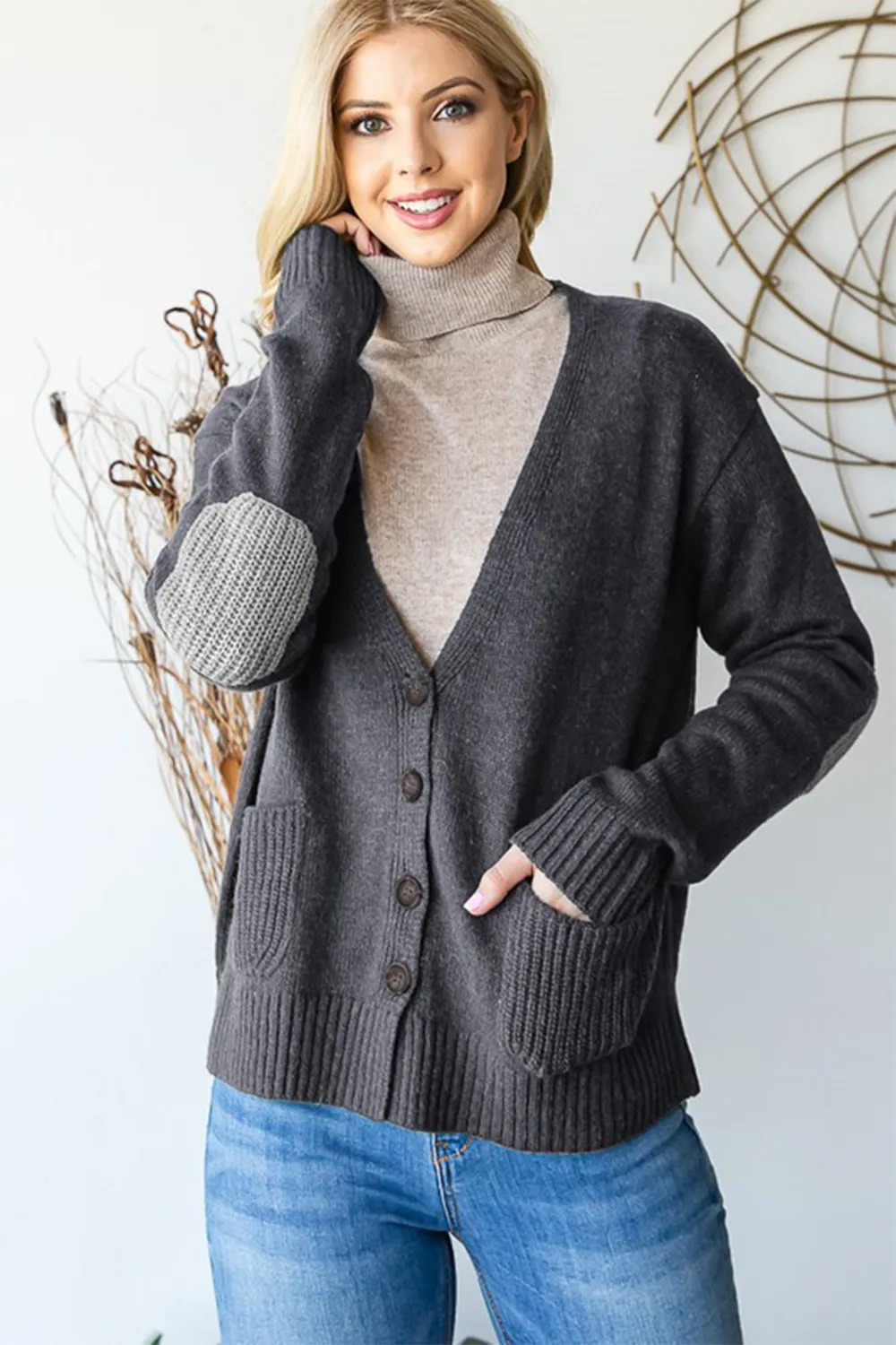 Full Size Long Sleeve V Neck Button Down Cardigan
