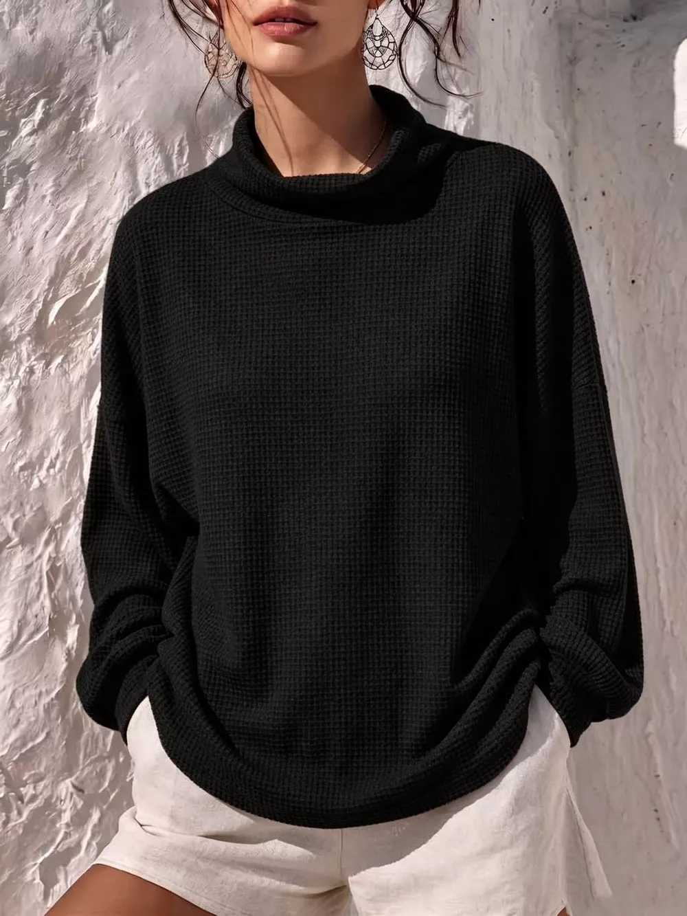Full Size Waffle Knit Mock Neck Long Sleeve T-Shirt Plus Size, image 7