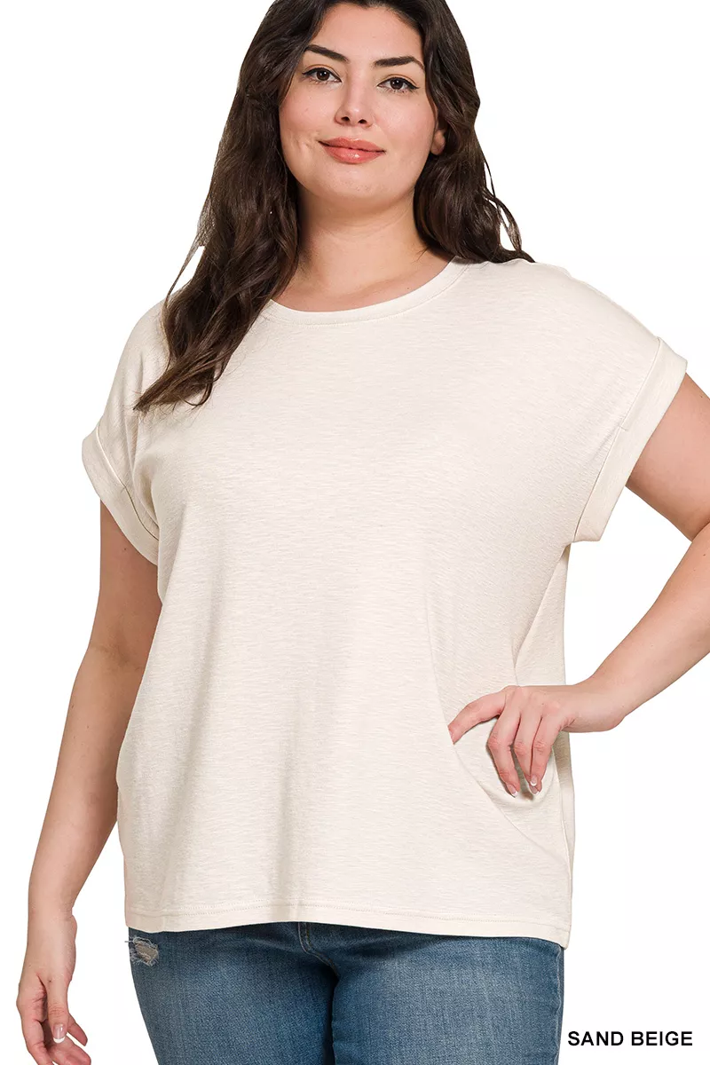 Full Size Cotton Modal Slub Rolled Sleeve T-Shirt Plus Size, image 3