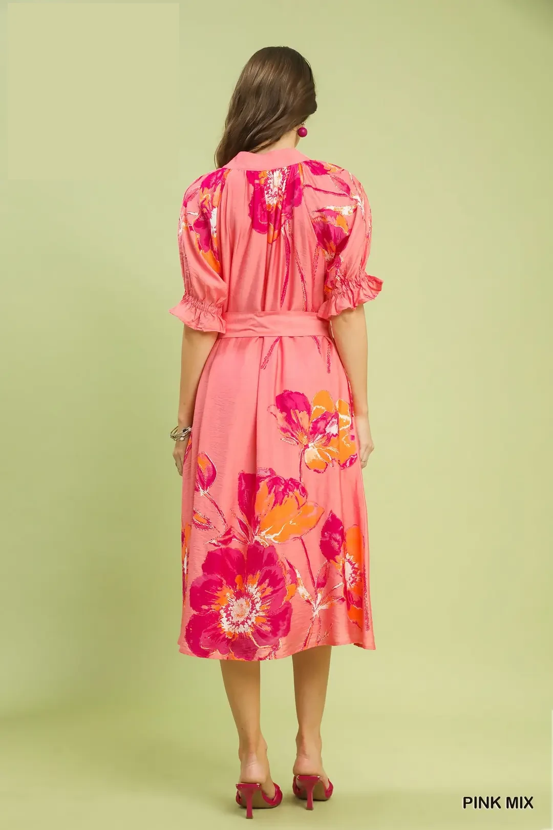 Floral Flounce Sleeve Midi Dress with Belted, image 4