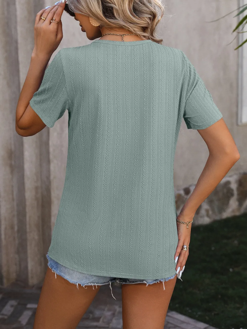 Decorative Button Round Neck Short Sleeve Blouse, image 16