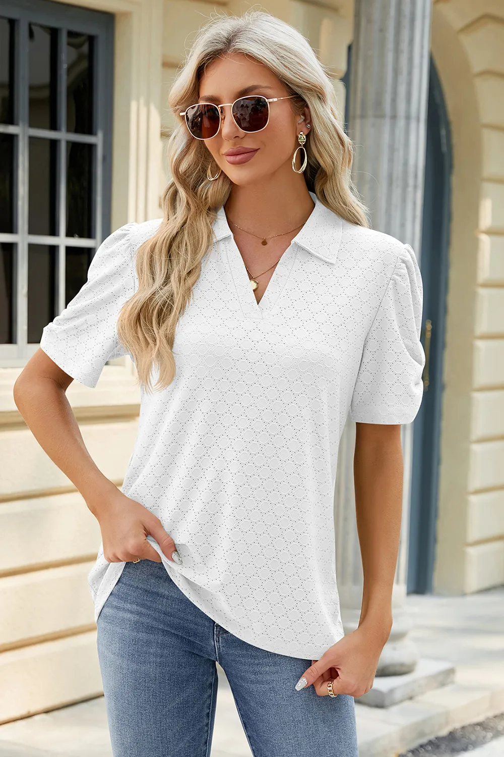Eyelet Johnny Collar Puff Sleeve Blouse, image 8