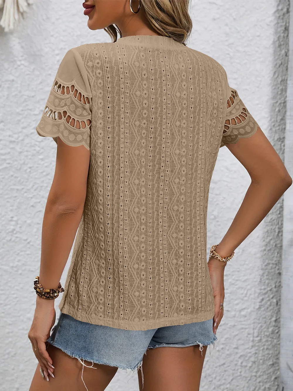 Full Size Eyelet Round Neck Short Sleeve Top, image 18