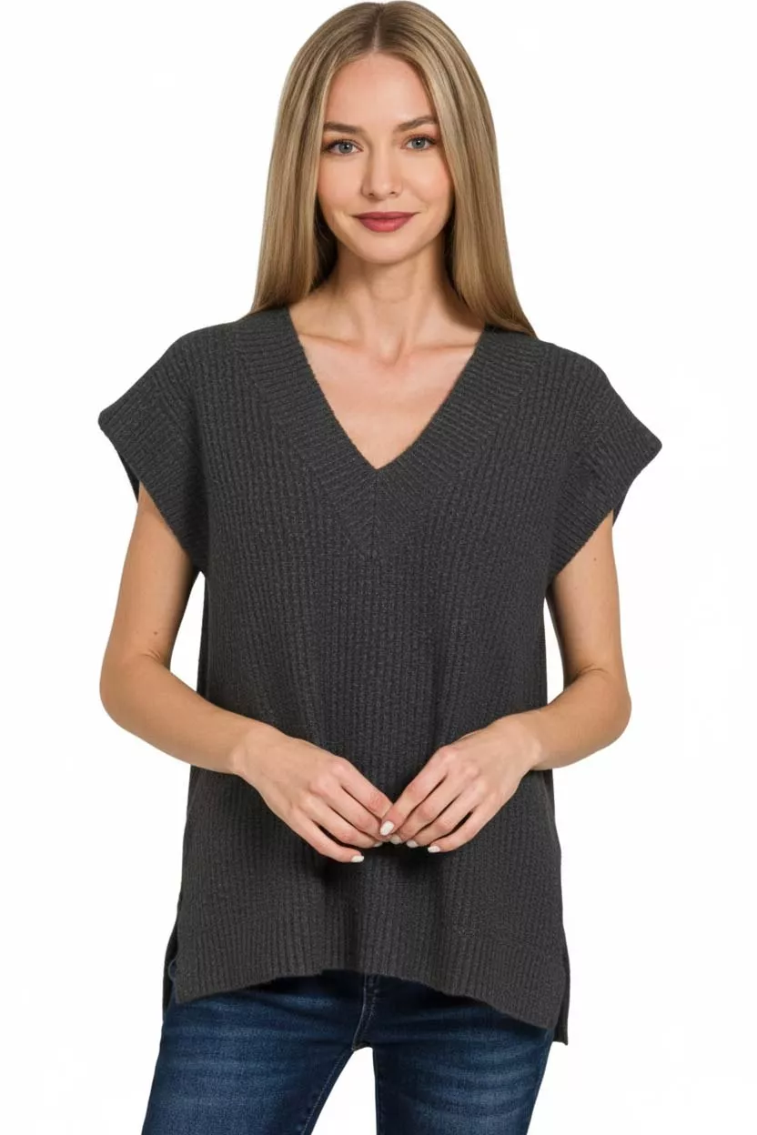 Ribbed Slit V-Neck Sweater Vest, image 3