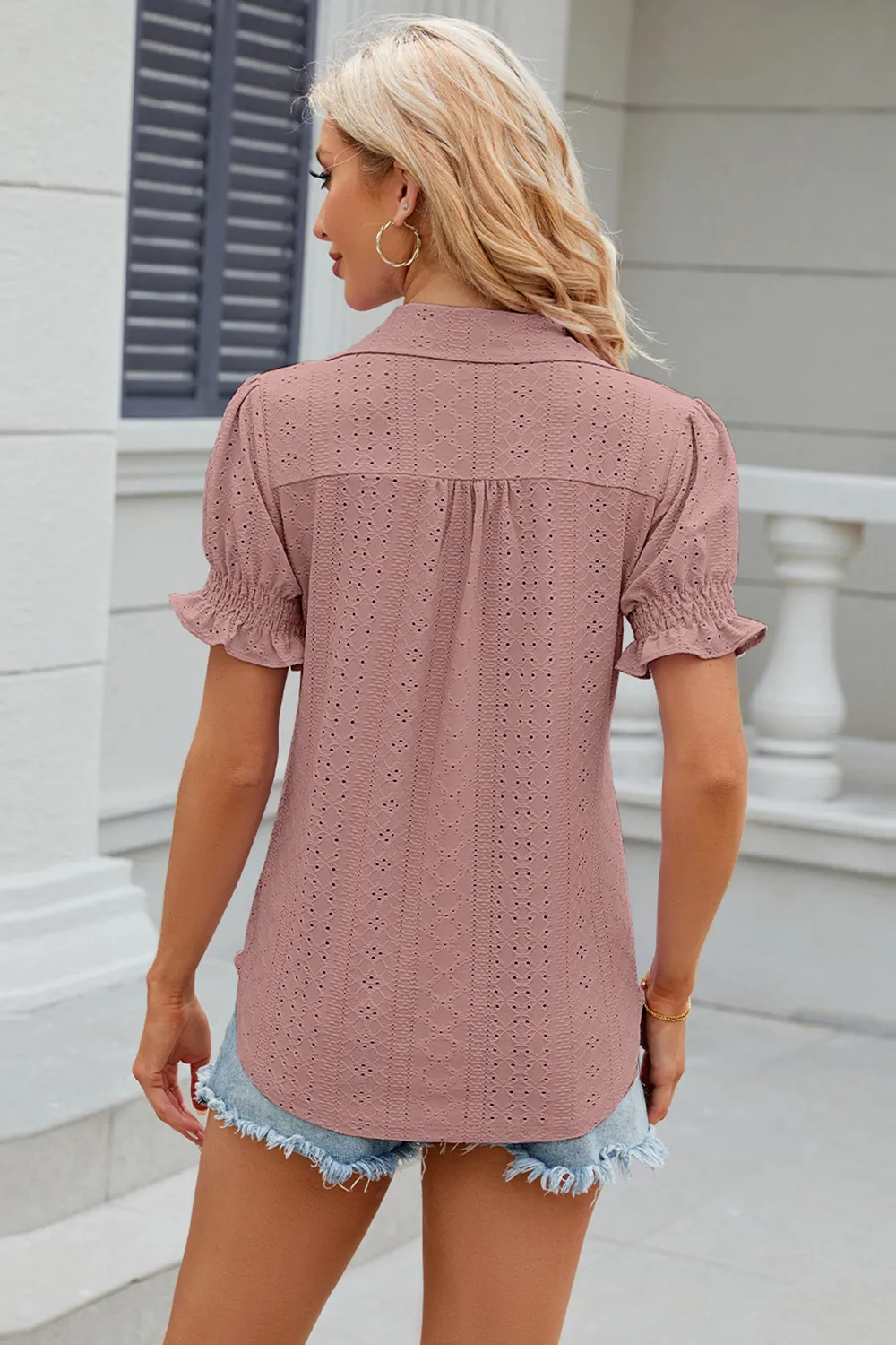 Eyelet Johnny Collar Short Sleeve Blouse, image 17
