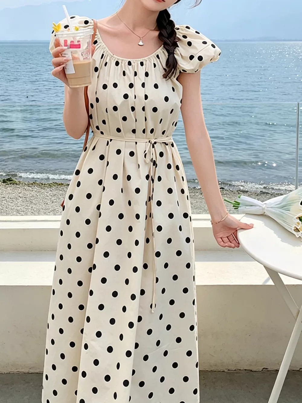 Polka Dot Puff Sleeve Midi Dress, image 3