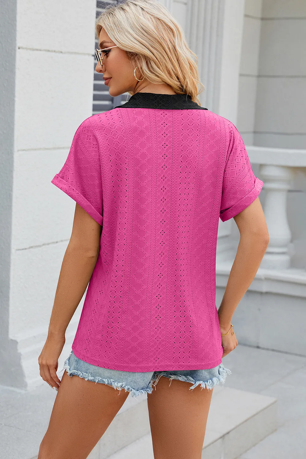 Eyelet Johnny Collar Short Sleeve T-Shirt, image 9