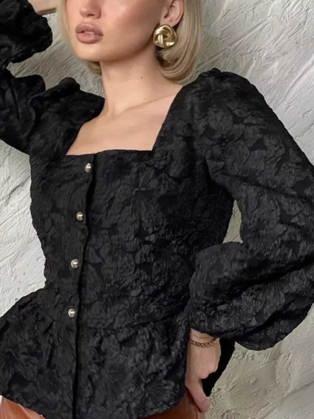 Textured Square Neck Balloon Sleeve Shirt, image 11