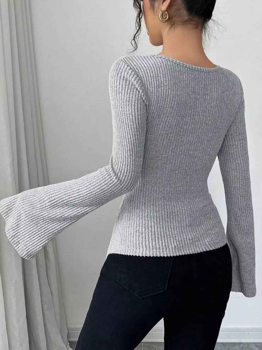 Off-Shoulder Bell Sleeve Ribbed Blouse, image 8