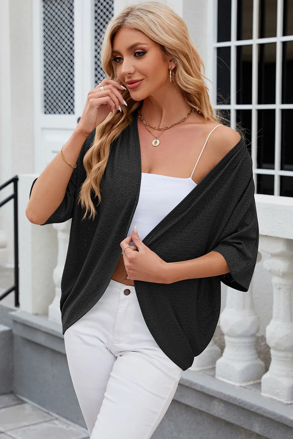 Eyelet Open Front Half Sleeve Cardigan, image 15