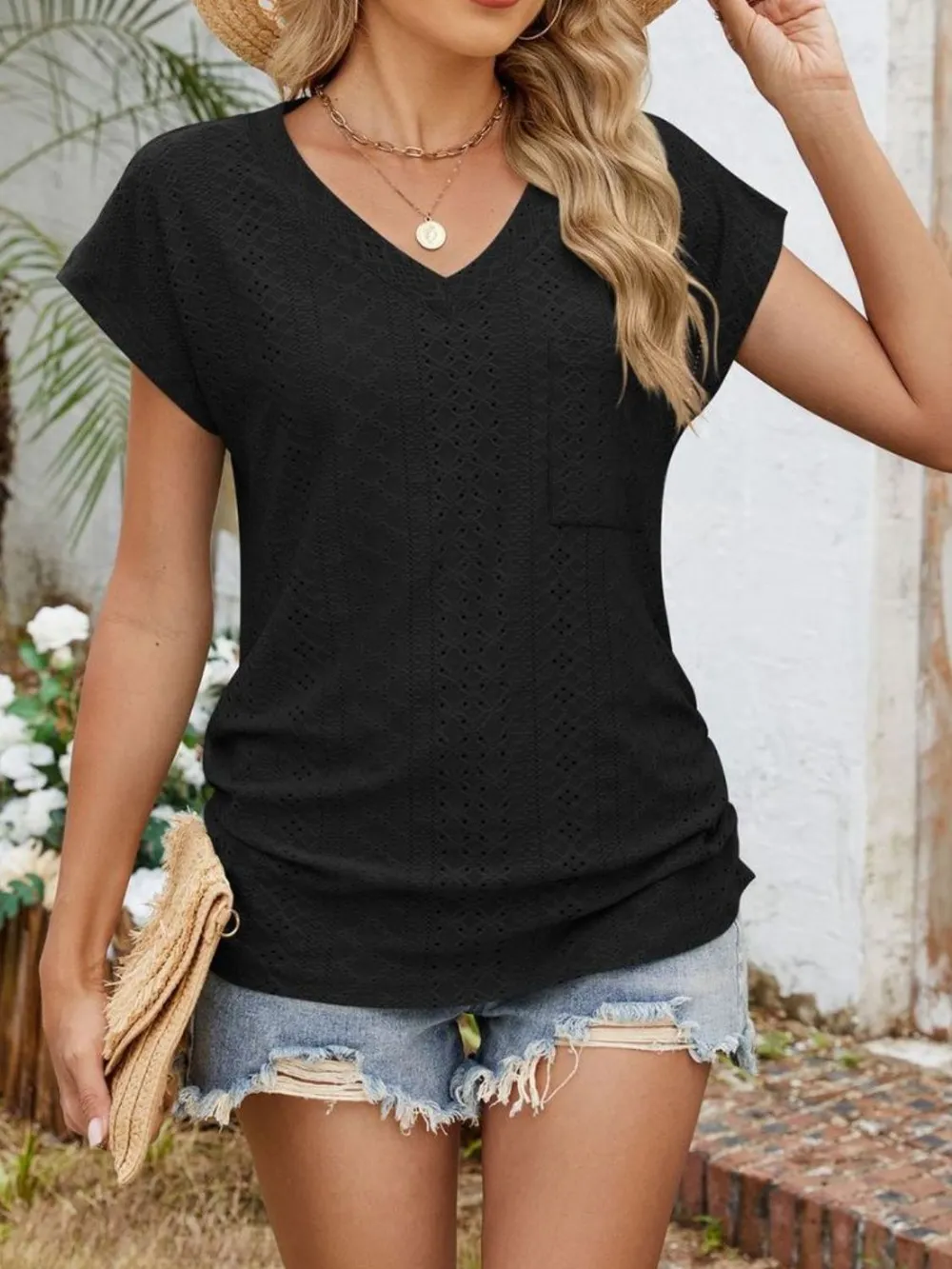 Eyelet V-Neck Short Sleeve Top, image 22