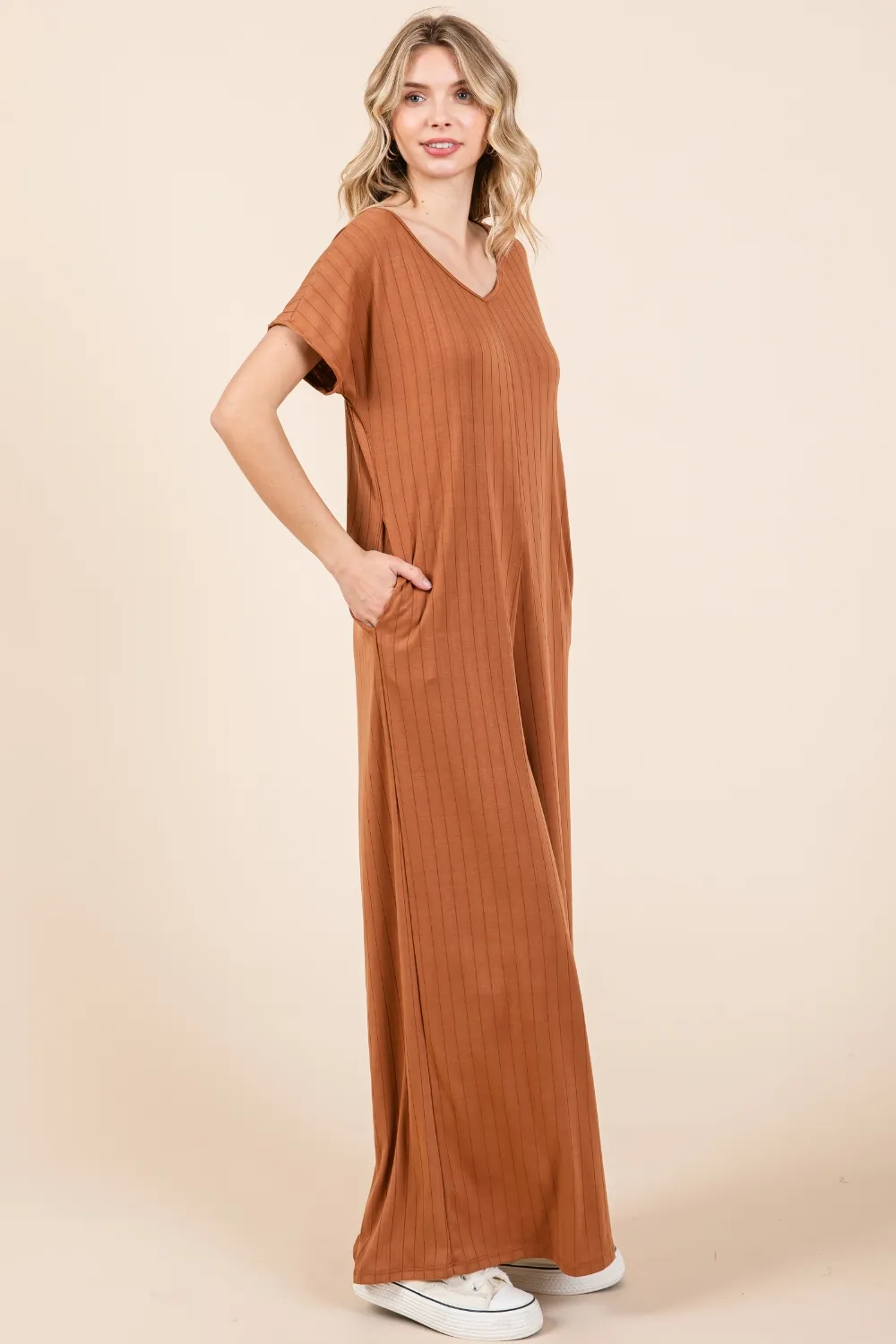 Ribbed Short Sleeve Wide Leg Jumpsuit, image 2