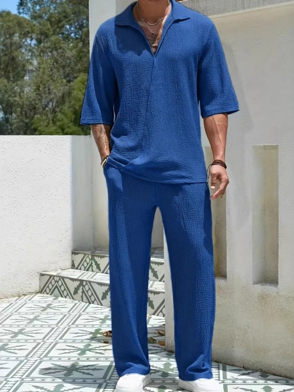 Men's Johnny Collar Half Sleeve Top and Pants Set, image 6