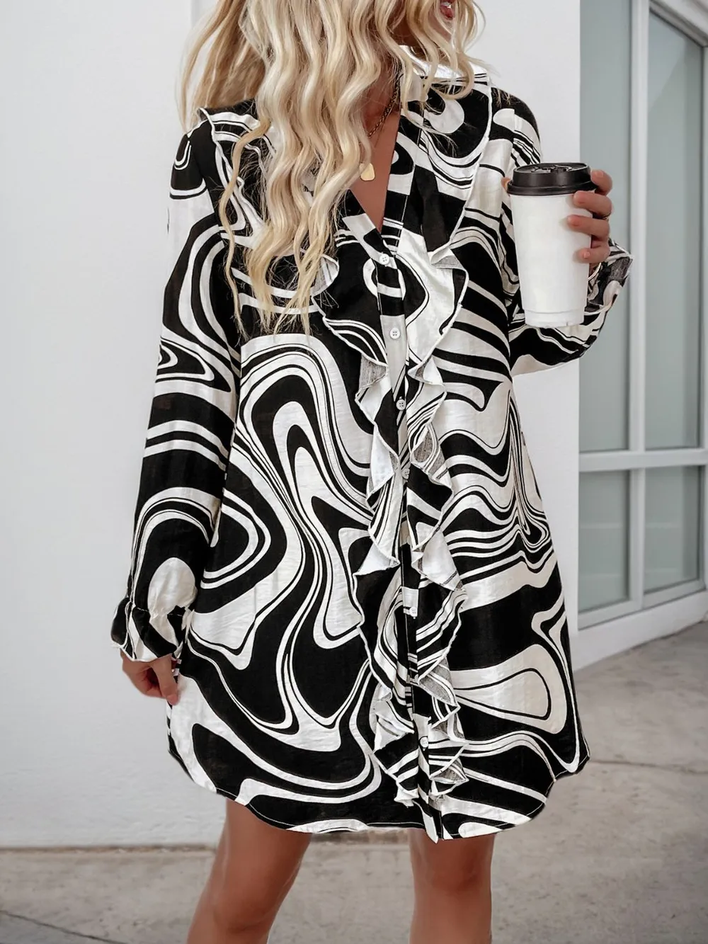 Ruffled Printed V-Neck Long Sleeve Dress, image 4
