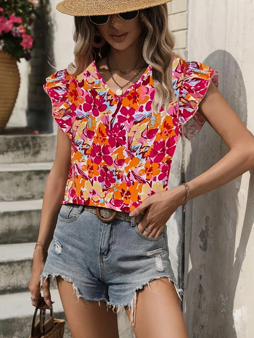 Printed V-Neck Cap Sleeve Blouse, image 2