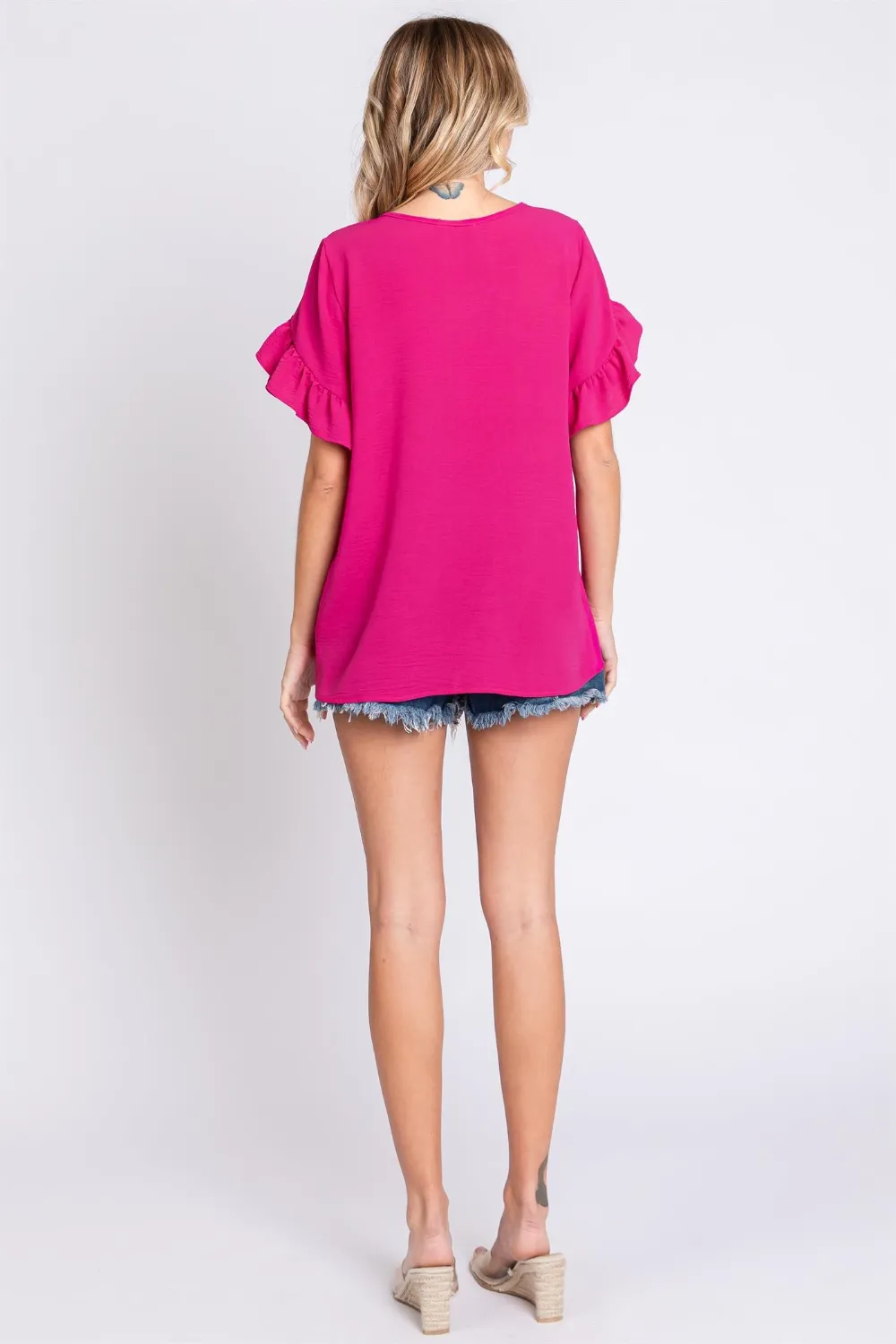 V-Neck Ruffle Trim Short Sleeve Blouse, image 5
