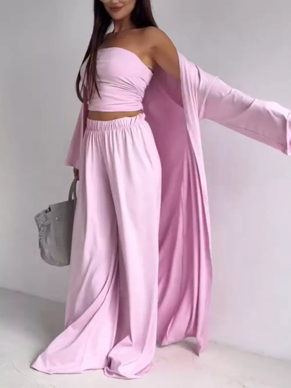 Tube Top & Cardigan & Wide Leg Pants 3-Piece Set, image 2