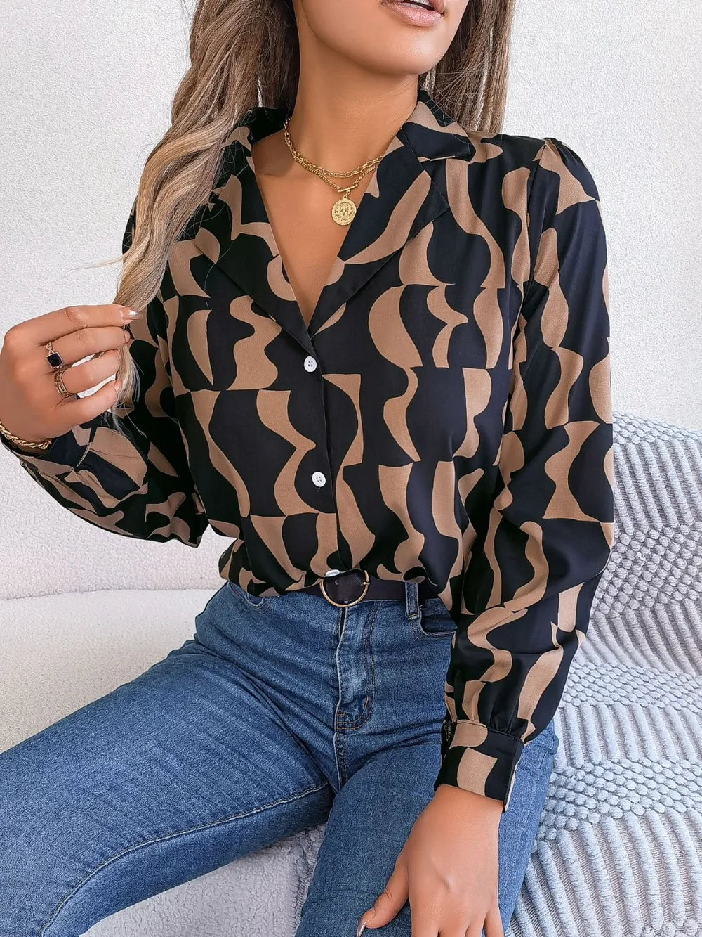 Printed Button Up Long Sleeve Shirt, image 7
