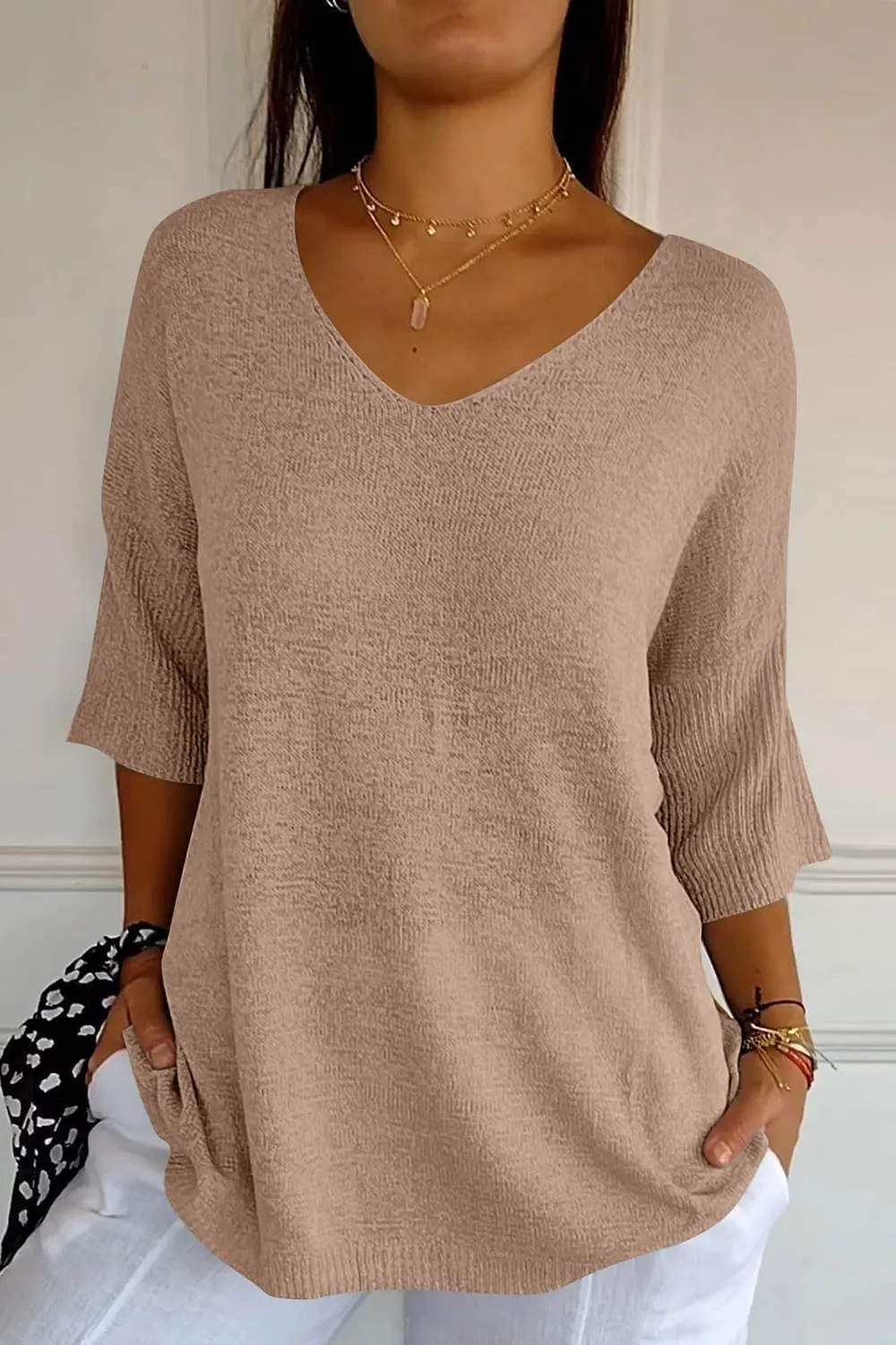 V-Neck Three-Quarter Sleeve Knit Top, image 4