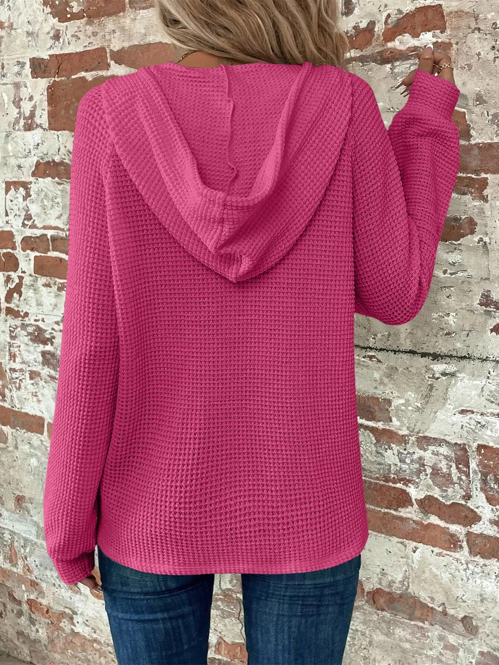 Waffle Knit Long Sleeve Drawstring Hooded Top, image 22