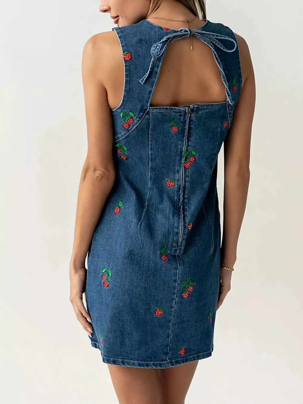 Strawberry Embroidered Sleeveless Denim Dress, image 4