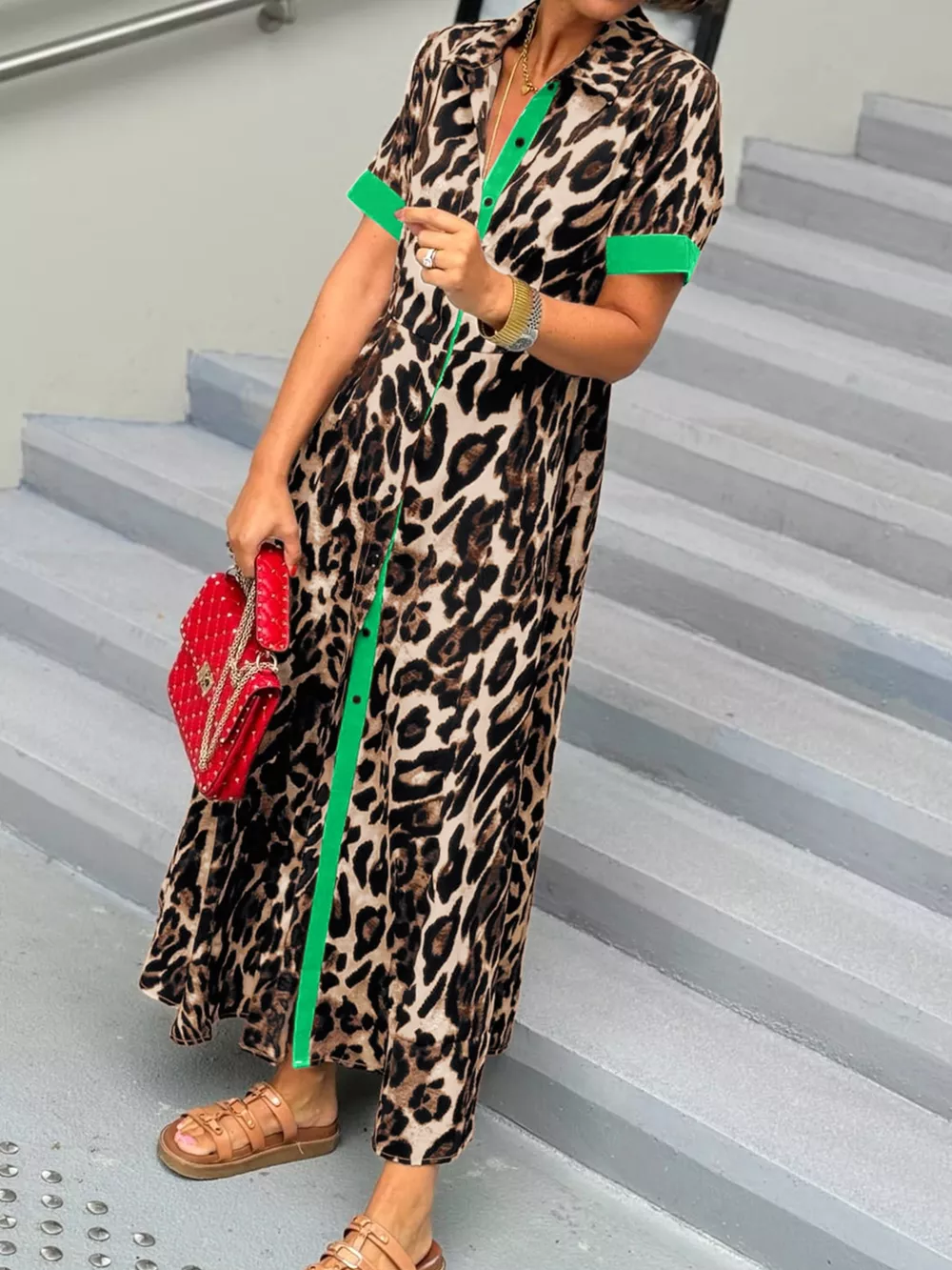 Leopard Print Button-Down Dress with Contrast Trim, image 15